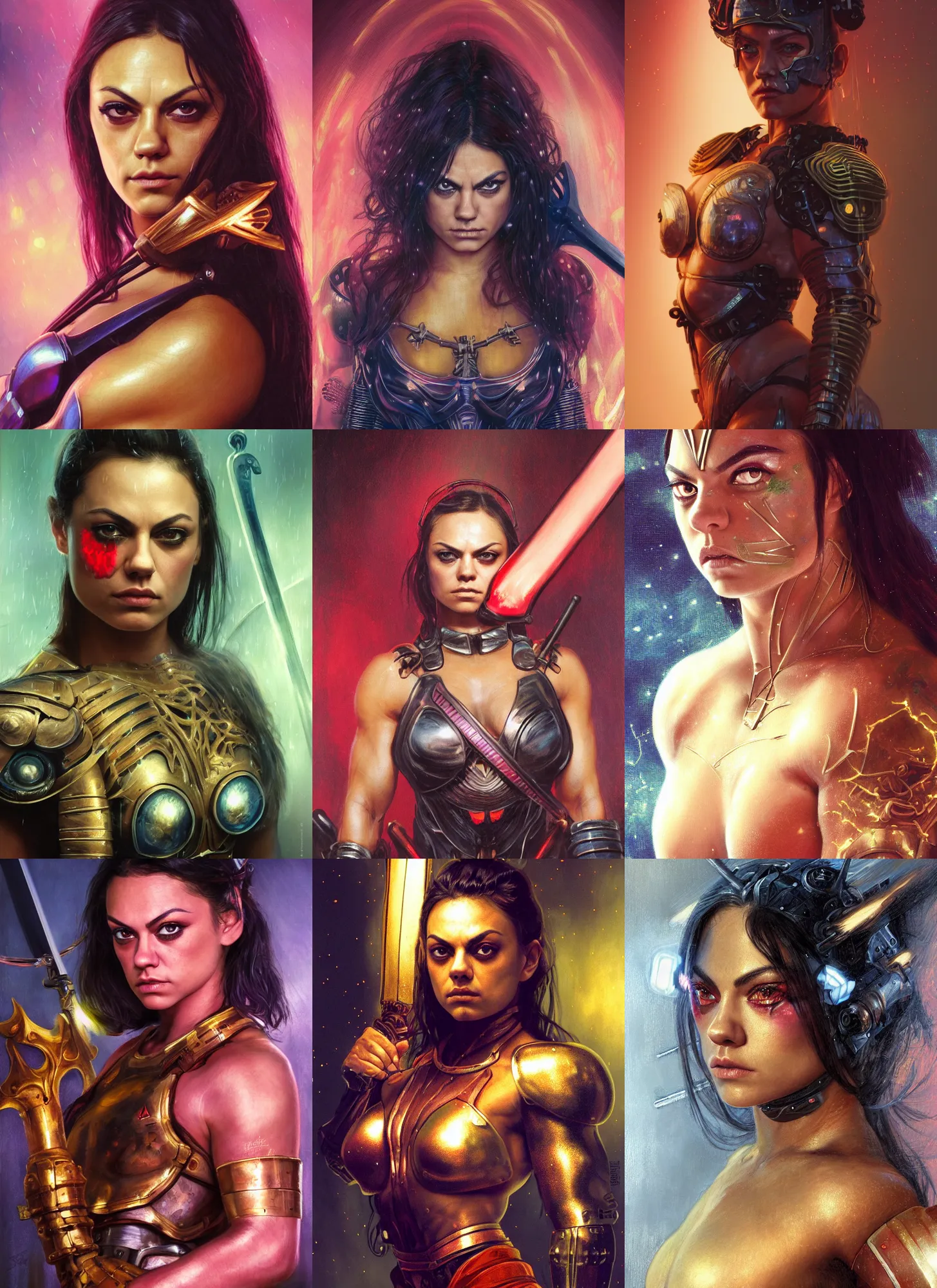 Image similar to bodybuilder mila kunis closeup portrait of a beautiful biblical diabolical samurai girl looking into the camera holding a sword, cyborg neon lit armor, foggy fireflies, cinematic studio light, golden hour, gerald brom, mikhail vrubel, peter elson, muted pastel colors, extreme detail, light rain, trending on artstation, 8 k