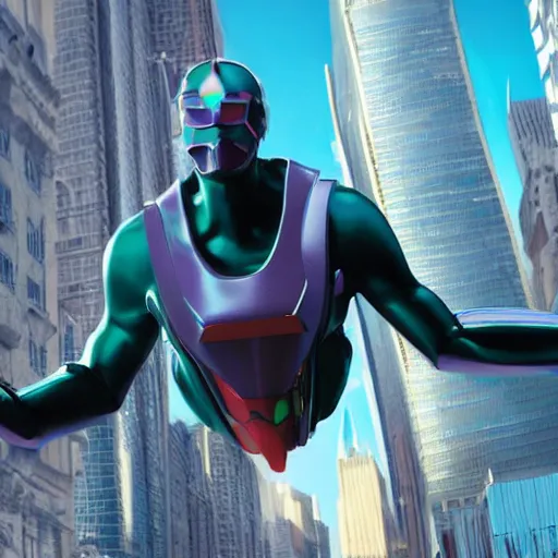 Image similar to funny futuristic colorful Super hero floating in big city , stunning photo real concept art, cinematic, clean, realistic, from algorithmic design by Steve Skroce and Moebius, for James Cameron and Weta workshop, 3d sculpt, 3d high poly render with octane, realistic textures, subtle depth of field, Zeiss lenses, 8k post-processing, manicured, Fuji LUT, smooth, ultradetailed