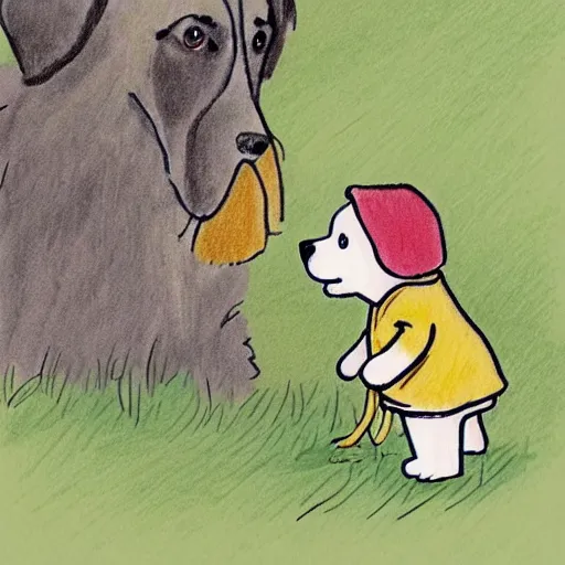 Image similar to a cute spaniel playing with Rupert Bear, illustration, hand drawn