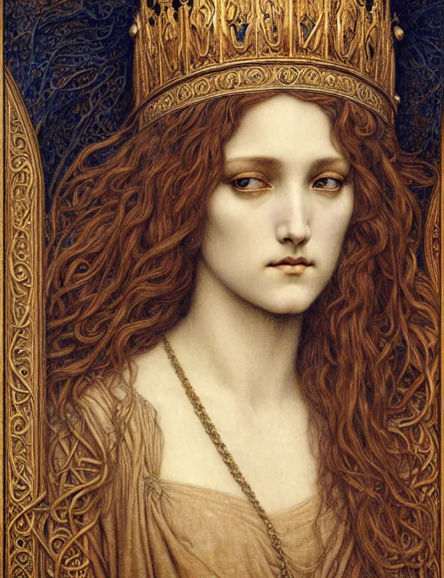 Image similar to detailed realistic beautiful young medieval queen face portrait by jean delville, gustave dore and marco mazzoni, art nouveau, symbolist, visionary, gothic, pre - raphaelite. horizontal symmetry