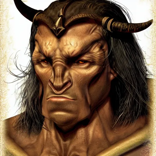 Prompt: Character portrait, face close up: Minotaur Male Cleric. Peace will conquer all. In the style of Ralph Horsley