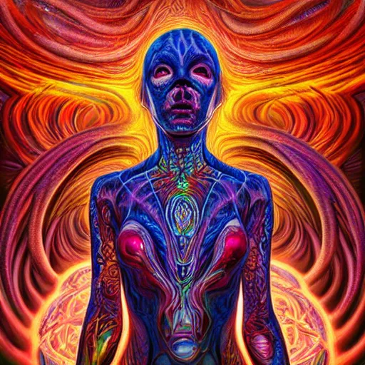 Prompt: photorealistic eldritch devil goddess as a dmt entity in the style of alex grey and michael whelan. hyperdetailed photorealism, 1 0 8 megapixels, amazing depth, high resolution, 3 d shading, 3 d finalrender, 3 d cinematic lighting, glowing rich colors, psychedelic overtones, artstation concept art.