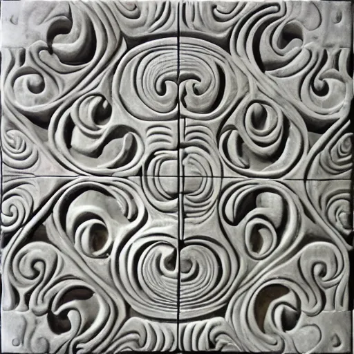 Prompt: fine details, serpentine maze, fractal swirls, twisty, carved soapstone relief paneling white and pale blue