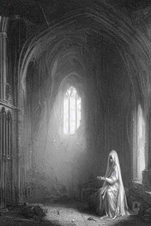 Image similar to baroque gothic woman lit by a single candle, inside a ruined abbey, gustave dore, 4 k resolution, concept art, mist, autumnal, chiaroscuro,