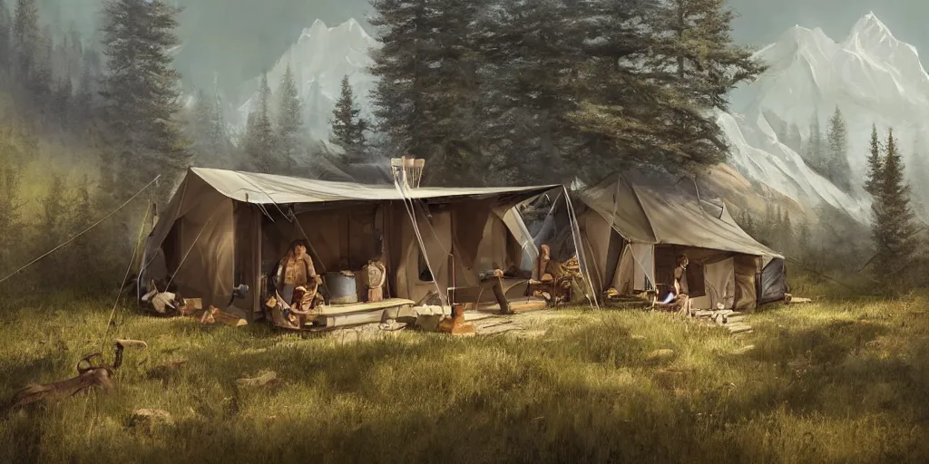 Image similar to cabela's tent fabric shelled pop up family dwelling unit, cabin, modular, person in foreground, mountainous forested wilderness open fields, beautiful views, painterly concept art, joanna gaines, environmental concept art, farmhouse, magnolia, concept art illustration by ross tran, james gurney, by craig mullins, by greg rutkowski