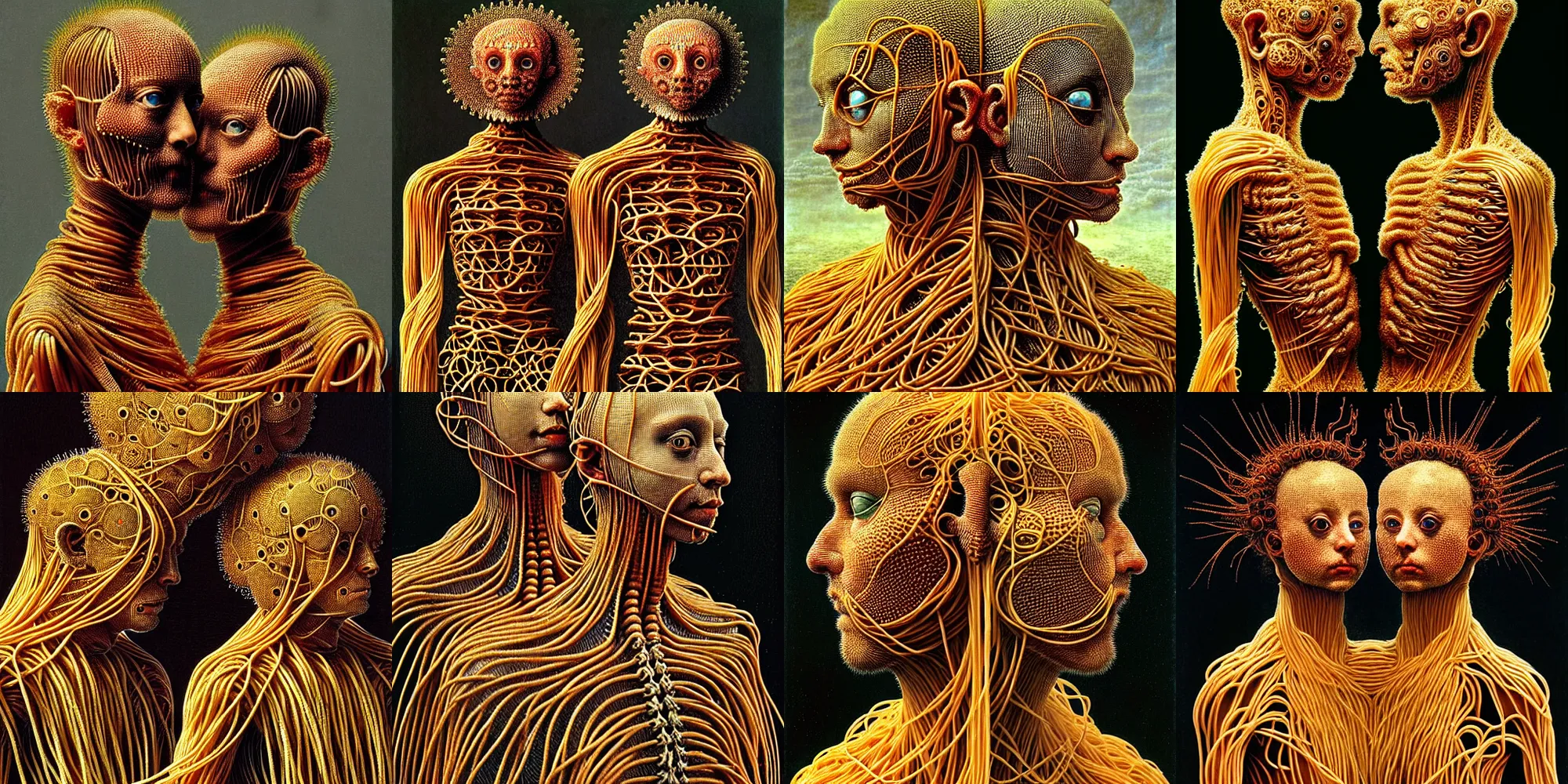 Prompt: siamese twins made of spaghetti, intricate armor made of fractals of spagetthi, highly detailed, by giuseppe arcimboldo and ambrosius benson, renaissance, a touch of beksinski, realistic, zoomed out, 2 4 mm, full frame