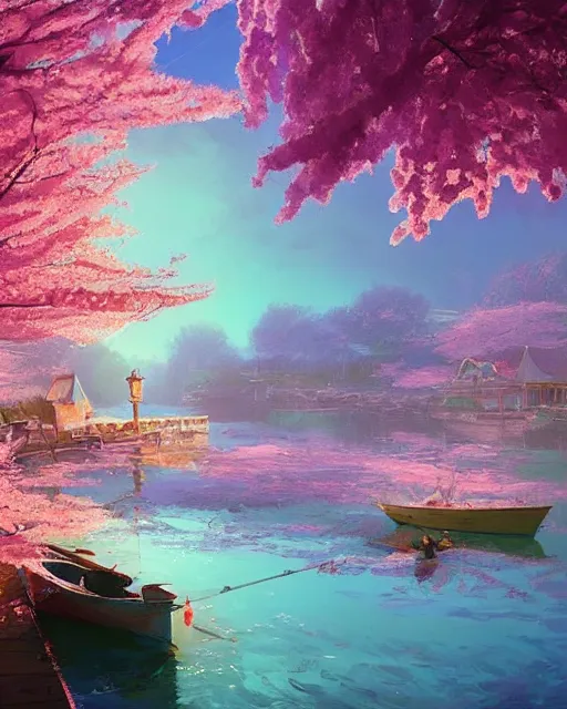 Prompt: a small fishing village on the river | cherry - blossoms | highly detailed | very intricate | serene romantic fantasy whimsical magical | soft bright natural morning light | pixar | award - winning | matte painting by anton fadeev and paul lehr and rhads and alena aenami | pastel color palette | featured on artstation