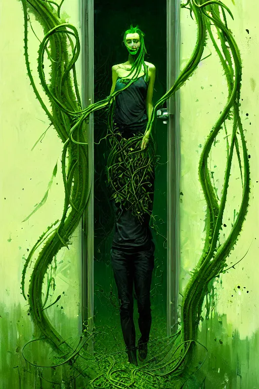 Prompt: detailed painting of person made of green vines opening a door, plants, horror, gritty, elegant, luxury, by ismail inceoglu dragan bibin hans thoma greg rutkowski alexandros pyromallis nekro rene maritte illustrated, perfect face, fine details, realistic shaded