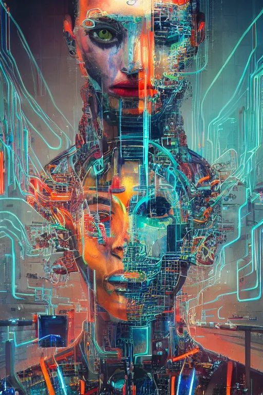 Prompt: portrait of computer & circuits, melting, big tech, 8 k, by tristan eaton, stanley artgermm, tom bagshaw, greg rutkowski, carne griffiths, ayami kojima, beksinski, giger, trending on deviantart, face enhance, hyper detailed, minimalist, cybernetic, android, blade runner, full of colour, super detailed