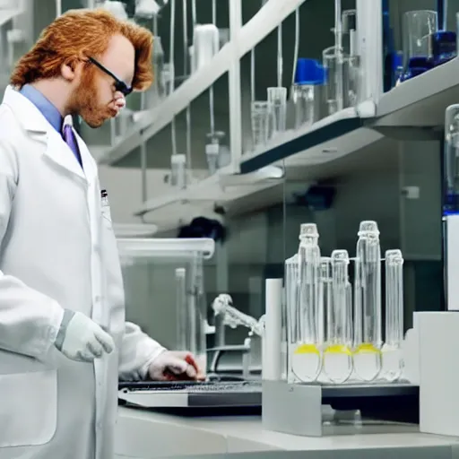 Prompt: A realistic image of a Lion scientist wearing a lab coat working in a chemistry lab. Lab coat. Beakers