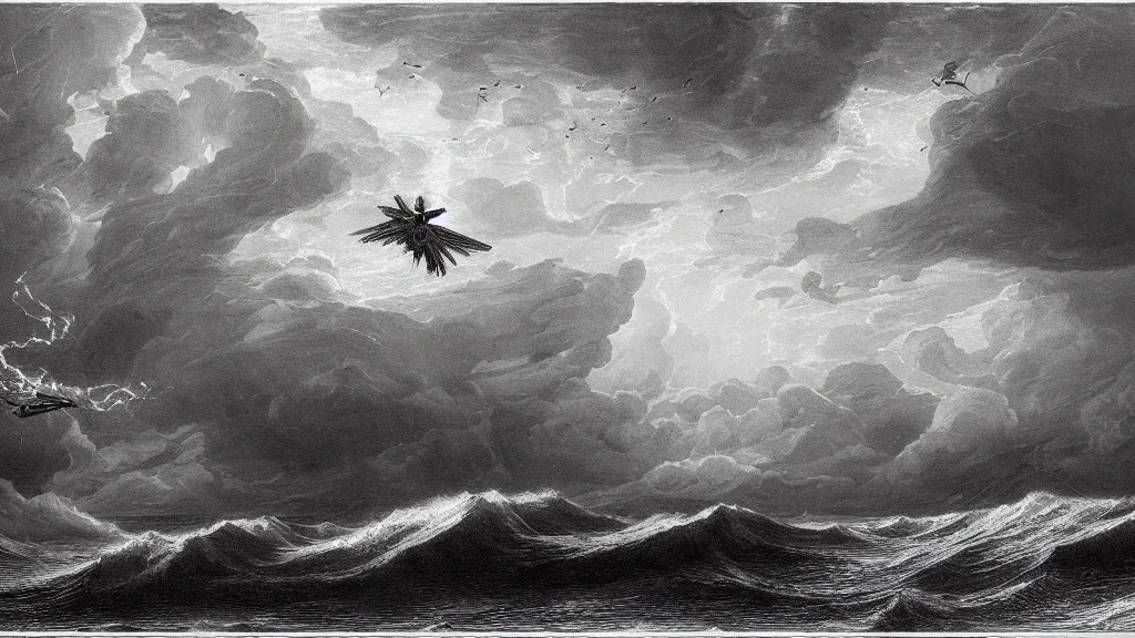 Image similar to drawing of an ornithopter flying above a stormy ocean, by gustave dore, nineteenth century, black and white, vintage, science fiction, epic composition, dramatic lighting, highly detailed, cinematic