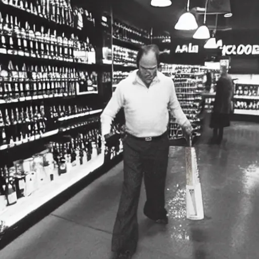 Prompt: jack nicholson walking in liquor store with baseball bat, security camera footage, cctv, high angle view,