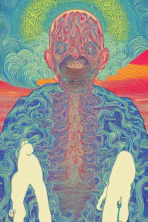 Image similar to man eats a tab of LSD acid on his tongue and dreams psychedelic hallucinations, screenprint by kawase hasui, alex grey and dan hillier, colorful flat surreal design, hd, 8k, artstation