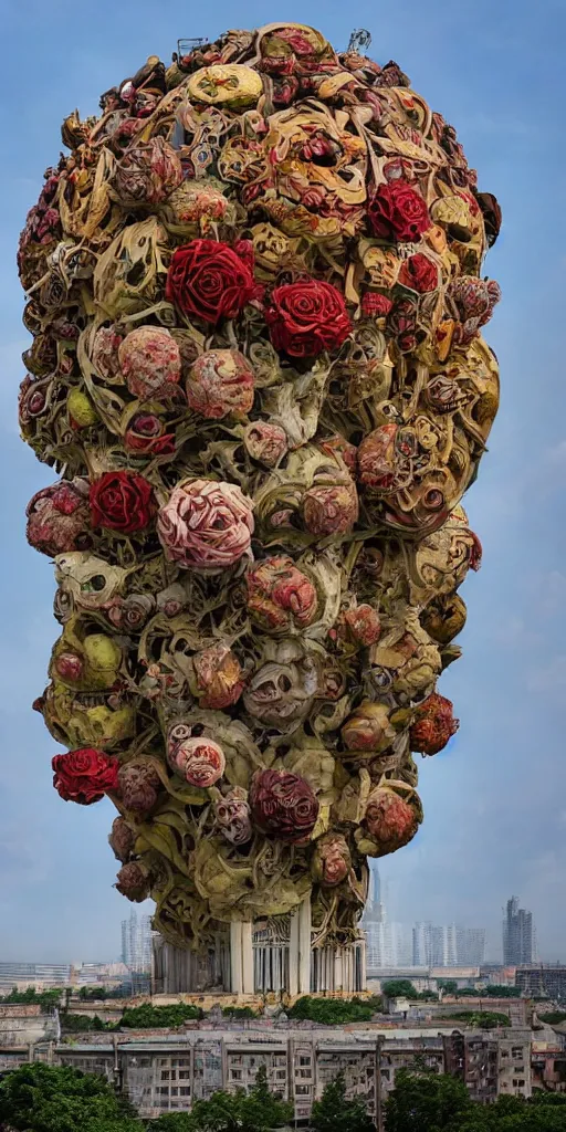 Image similar to colossal grotesque flower made from unfulfilled communist dreams in the middle of abandoned post soviet constructivist cityscape, Stalinist architecture, ultradetailed, Intricate by Hayao Miyazaki and Josan Gonzalez and Makoto Shinkai and Giuseppe Arcimboldo and Wes Anderson