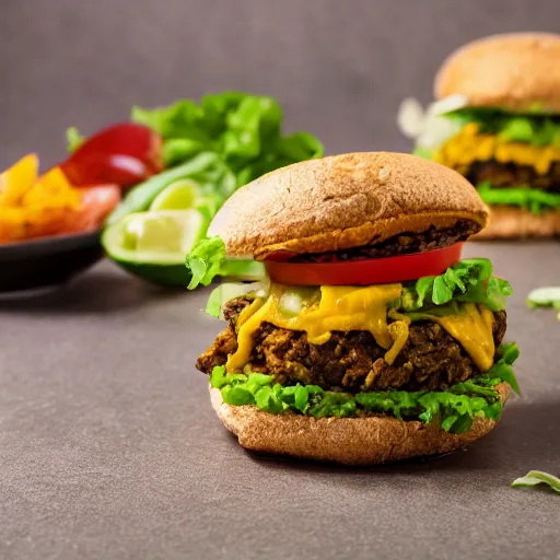 Image similar to vegan hamburger guacamole and crispy fried onion and fried egg toppings, crispy buns, 8 k resolution, studio lighting, sharp focus, hyper - detailed