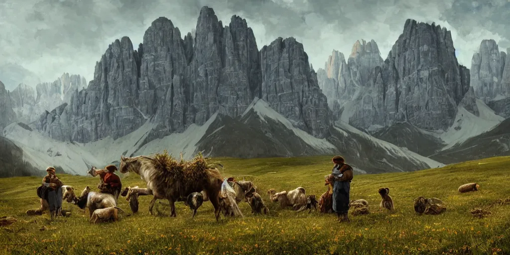 Prompt: old farmers turning into edelweiss ,roots and hay coat, dolomites in background, dark, eerie, despair, portrait photography, artstation, digital art, adward winning, concept art, artstation, highly detailed, sharp focus, by caravaggio