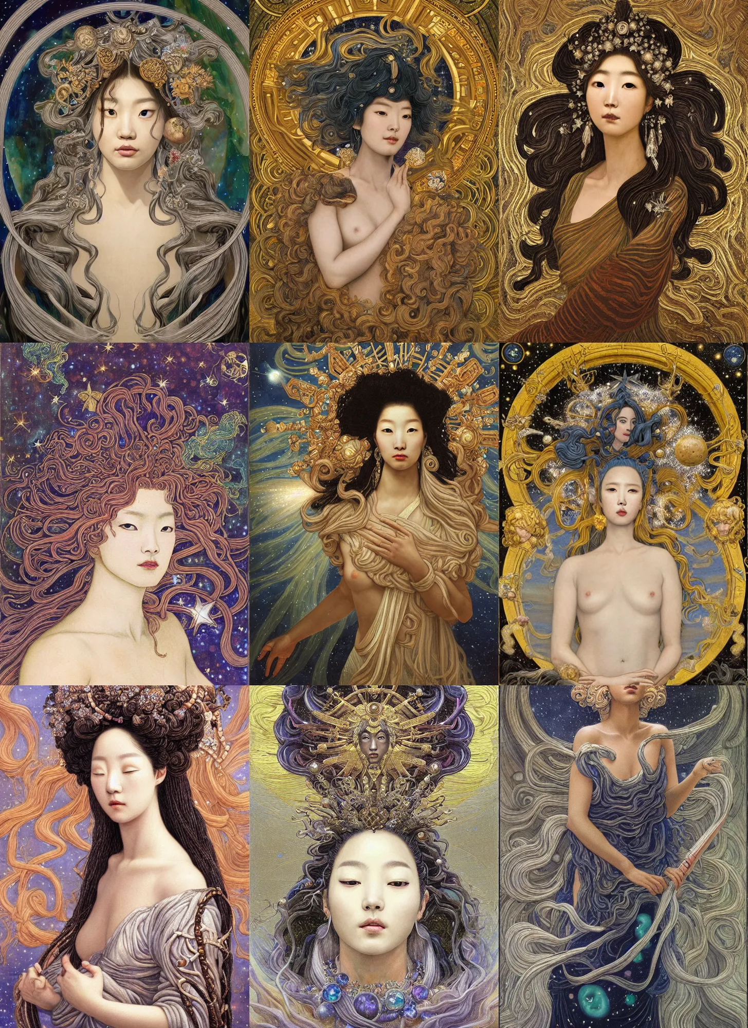 Prompt: baroque neoclassicist portrait of hoyeon jung as a beautiful jupiter goddess with stars in her flowing hair, reflective detailed textures, glittering multiversal ornaments, scifi painting by diego rivera and jean delville and ruan jia and nicholas roerich and annie swynnerton, dramatic lighting, gleaming silver and soft rich colors