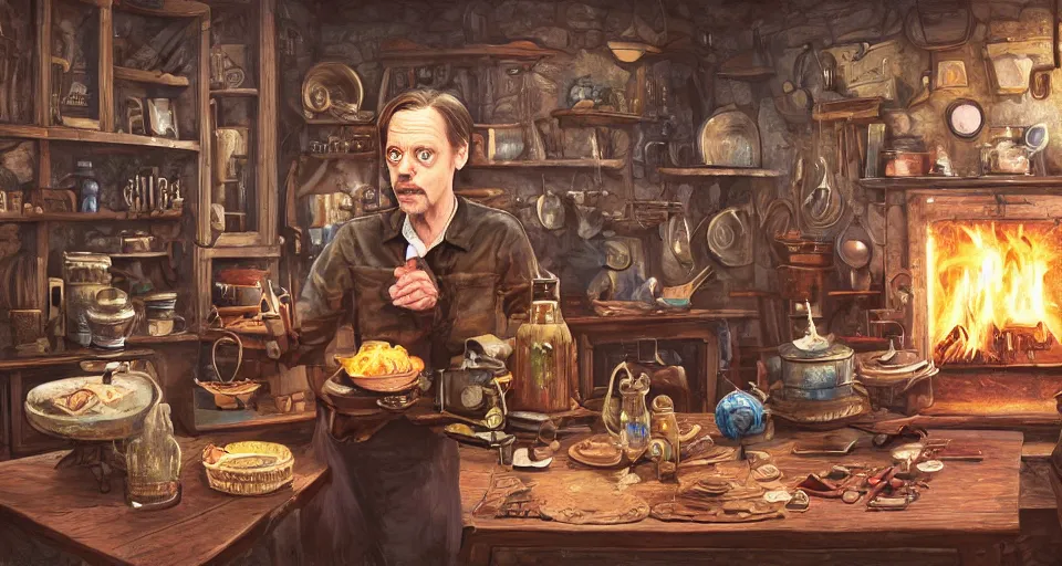 Prompt: a close - up of steve buscemiin a vintage magical kitchen, with a fireplace in the background d & d, fantasy, intricate, elegant, digital painting, artstation, concept art, smooth, sharp focus, sticker illustration