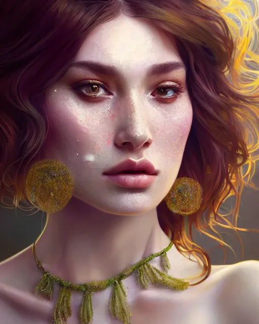 Image similar to beautiful digital painting of a stylish eurasian crystal socialite forest with high detail, real life skin, freckles, 8 k, stunning detail, works by artgerm, greg rutkowski and alphonse mucha, unreal engine 5, 4 k uhd