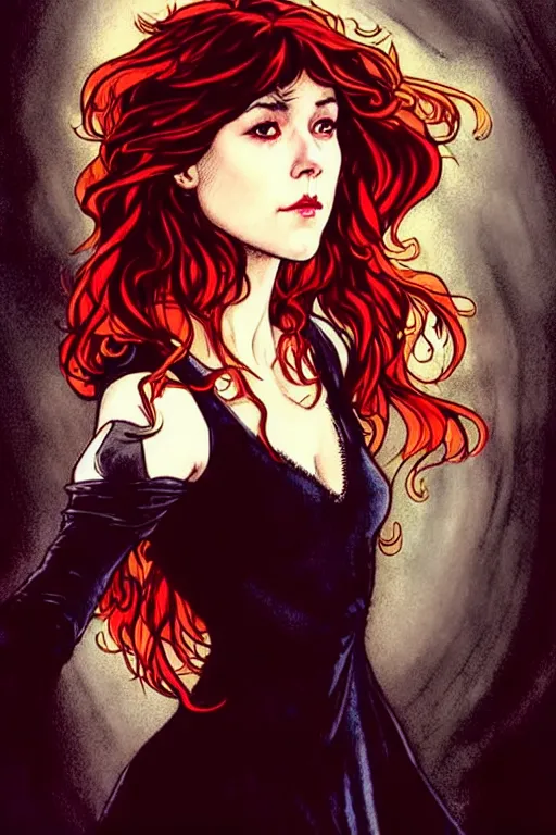 Image similar to style of arthur rackham, artgerm, rafael albuquerque, steve niles : : gorgeous mary elizabeth winstead : : evil sorceress, swirling black magic, black dress : : symmetrical face, symmetrical eyes : : full body pose : : gorgeous red hair : : cinematic lighting : :