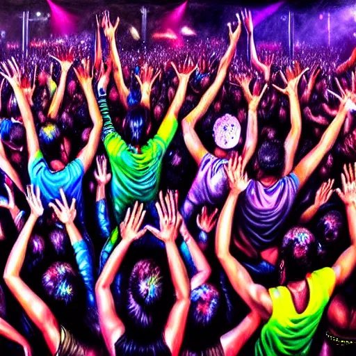 Image similar to the messiest rave you've ever been to, hyper detailed photorealistic oil painting of a large group of people dancing at a rave