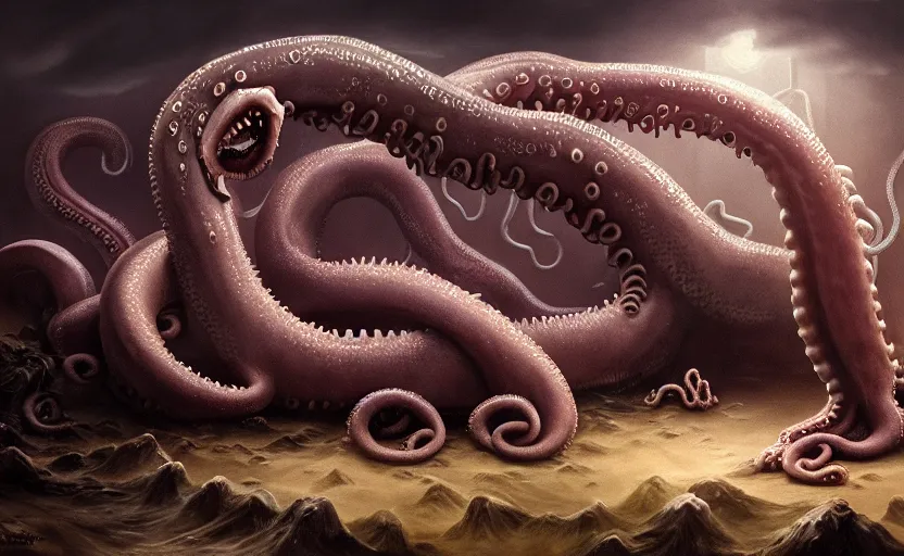 Image similar to matte oil painting of a large lovecraftian tentacle creature crawling over a child's bedroom, extremely detailed, disturbing, cinematic, 4 k, 8 k