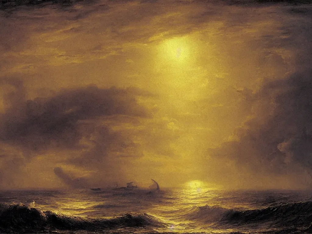 Prompt: The retreat of the ocean with dying sun. Painting by John Martin