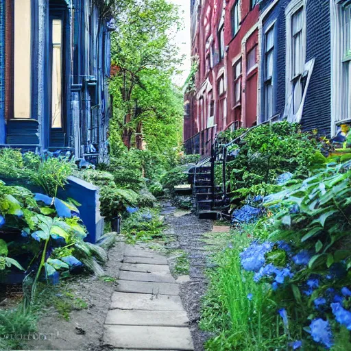 Prompt: between two 19th-century Brooklyn brownstone buildings, a surreal small twilight creek-garden, rose-brambles, lambent-birds, mystery-magic, serene overcast atmosphere, midnight-blue, blue-black, royal-blue, navy-blue, cinematic, edge-to-edge print, rendered by Studio Ghibli, Alyssa Monks, Andreas Rocha, David Kassan, Neil Blevins, Tuomas Korpi, ArtGerm :: CEL SHADED CLASSICAL ANIMATION CEL.