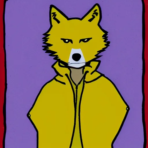 Image similar to lineart of a wolf wearing a yellow raincoat