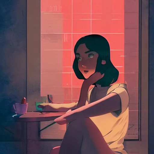 Image similar to portrait of beautiful girl with dark hair dressed in 1940's style, sitting in cafe alone, nighttime, low-key neon lighting, 4k, HQ, official media, anime key visual, makoto shinkai, ilya kuvshinov, lois van baarle, rossdraws, detailed, trending on artstation