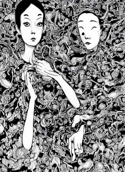 Prompt: junji ito and james jean artwork