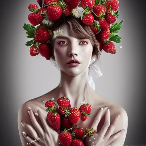 Image similar to the portrait of an absurdly beautiful, graceful, elegant, sophisticated, fashionable young woman made of strawberries and white petals looking down, an ultrafine hyperdetailed illustration by kim jung gi, irakli nadar, intricate linework, bright colors, octopath traveler, final fantasy, unreal engine 5 highly rendered, global illumination, radiant light, detailed and intricate environment