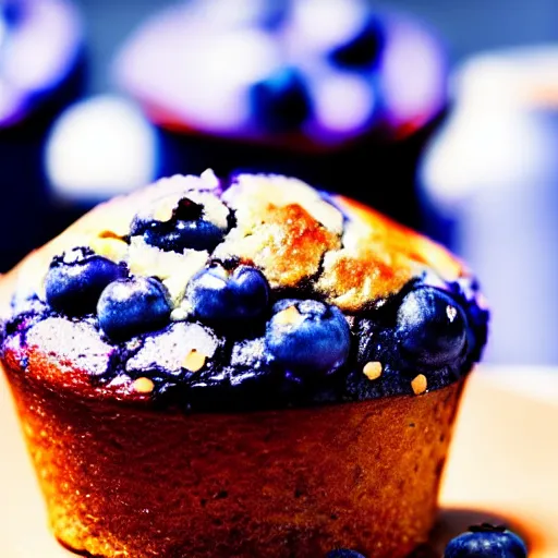 Prompt: the most delicious closeup macro photograph of a blueberry muffin, looks amazing and delicious, sugar crusted, baked to perfection juicey delicious blueberry mix