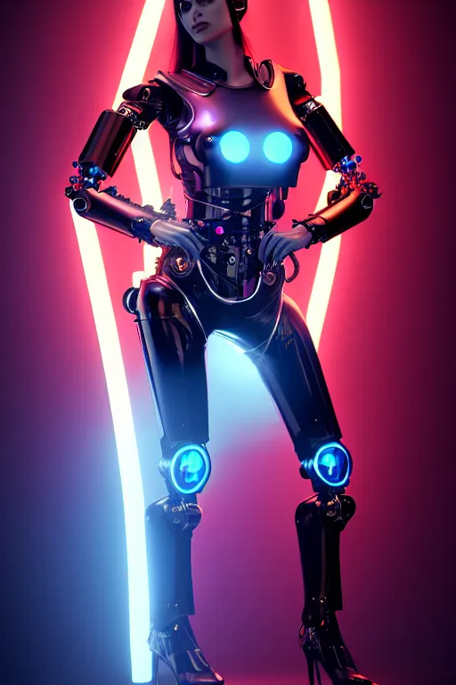 Image similar to beautiful powerful female glossy futuristic cyborg with curved metal Loki horns and chrome motorcycle parts, full body, dark fantasy, neon bar lights, 3d render, octane, 8k, volumetric lighting, hyper-realistic,, diffuse lighting, intricate, highly detailed, life like, photorealistic, digital painting, trending on artstation, smooth, sharp focus