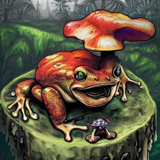 Image similar to A portrait of a scary godlike frog eating a fairy. award winning. superb resolution. in the art style of junji Ito and greg rutkowski . Detailed Mushroom city in background. Hyper realistic anime. Perfect art. Dalle2