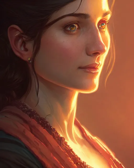 Image similar to Elena Fisher (Uncharted), closeup, D&D, fantasy, intricate, elegant, highly detailed, digital painting, artstation, concept art, matte, sharp focus, illustration, hearthstone, art by Artgerm and Greg Rutkowski and Alphonse Mucha