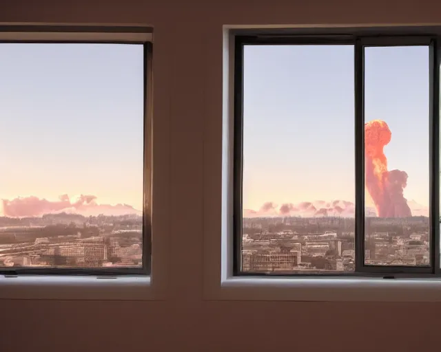 Prompt: an luxury apartment window view of a nuclear explosion