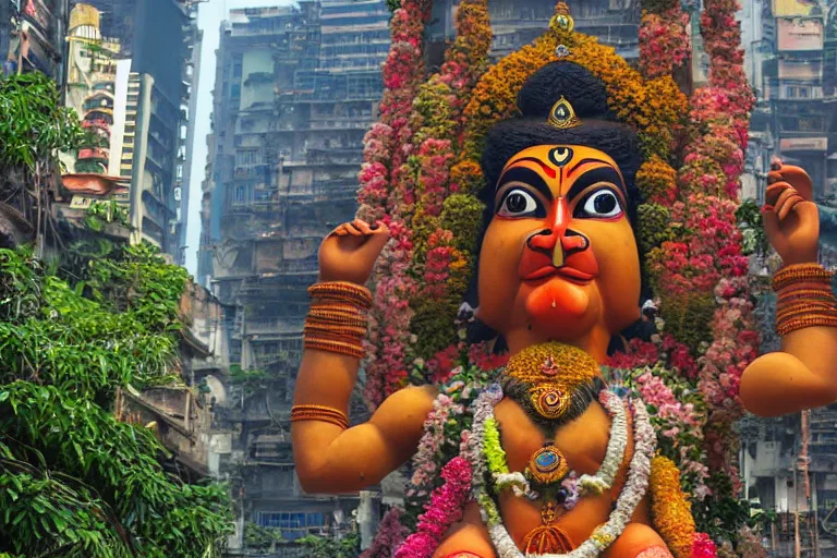 Image similar to high quality 3 d flowerpunk biomorphic hanuman head building in the middle of mumbai!!, kalighat highly detailed, cinematic smooth, stephen shore & john j. park, soft morning light, wide shot, high angle, uhd 8 k, deep focus