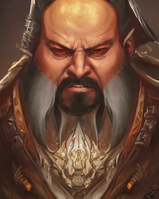 Image similar to digital painting of an angry hernan cortes by filipe pagliuso and justin gerard, symmetric, fantasy, hyper detailed, intricate, portrait, digital painting, sharp focus, tarot card, studio ghibli color scheme, handsome, concept art, alluring, game art, magic : the gathering