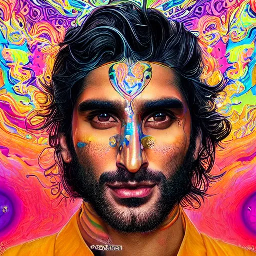 Image similar to portrait of ranveer singh, hyper detailed masterpiece, neon floral pattern, jean giraud, digital art painting, darkwave goth aesthetic, psychedelic, artgerm, donato giancola and tom bagshaw