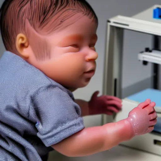Prompt: 3D printer printing real human babies, very detailed, 24mm photography with shallow depth and bokeh