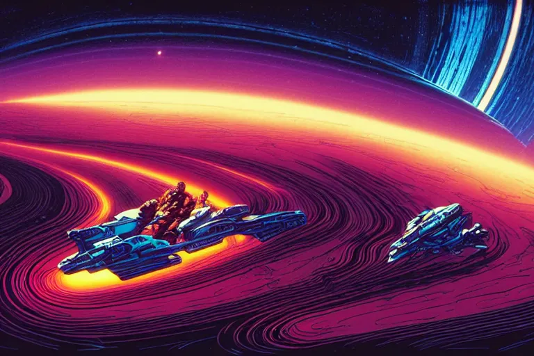 Prompt: artwork by kilian eng and ( dan mumford ) and toshi yoshida and franklin booth showing a speederbike race on the rings of saturn, vintage scifi, high details, dramatic lightning,, 8 k