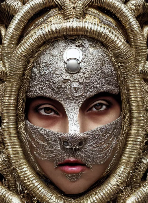 Image similar to hyperrealism, detailed textures, award winning photo, symetrical japanese medusa queen autochrome portrait, silverplate, intricate, detailed facial animal mask, golden jewelery, silverplate, ultra realistic, cinematic, intricate, cinematic light by steve mccurry, unreal engine 8 k