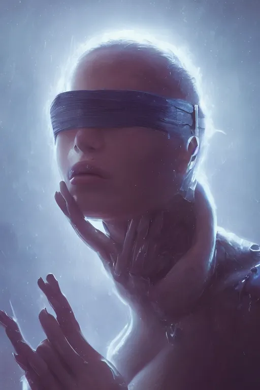 Image similar to a fancy portrait of an attractive alien women with a blindfold on by Greg Rutkowski, Sung Choi, Mitchell Mohrhauser, Maciej Kuciara, Johnson Ting, Maxim Verehin, Peter Konig, final fantasy , 8k photorealistic, cinematic lighting, HD, high details, atmospheric , trending on artstation