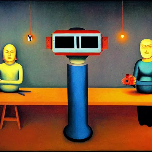 Prompt: superintelligent robots at a control panel plotting our destruction, grant wood, pj crook, edward hopper, oil on canvas