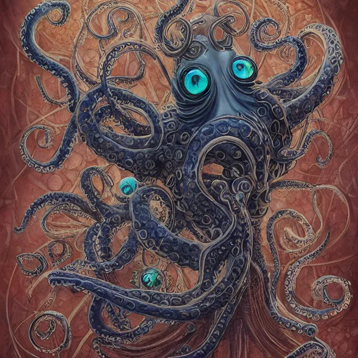 Prompt: beautiful and exotic octopus queen bust portrait, glowing big eyes, art nouveau declotage, perfect symmetrical facial features, hyperrealistic bone structure, extremely hyperdetailed, mixed media painting, unreal engine, 8 k, octane, 8 mm, by travis charest, rodney matthews and chris achilleos