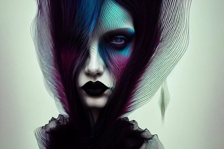 Image similar to surreal Portrait of beautiful goth woman in dmt chromatic surreal liquid enviroment , elegant, highly detailed, smooth, photoreal, sharp focus, illustration, beautiful, geometric, dmt trending on artstation, cinematic, artwork by WLOP