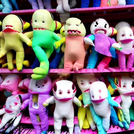 Prompt: haunting plushies being sold at an amusement park, devilish, nightmare - fuel, scary, cursed, evil, dark