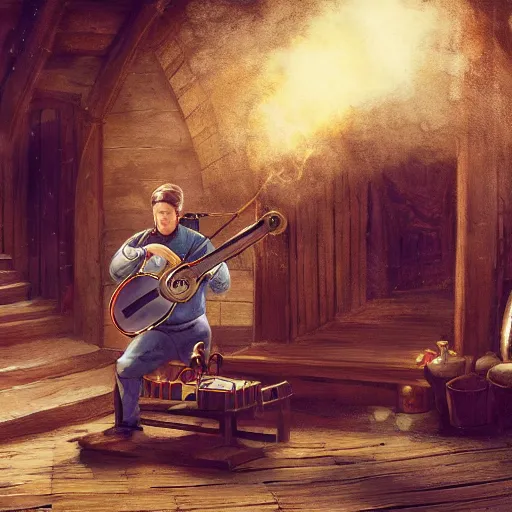 Image similar to a detailed concept art of a young medieval bard singing in a wooden stage in the middle of an old wooden town with his hurdy - gurdy. magical smoke explosion around him. mid day light. sunny day. medieval market fest. people gathering around. wide angle. trending on artstation, craig mullins, gopro lens. centered composition. water well.