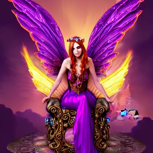 Image similar to Half Fey Princess sorceress with red flaming bird wings on her back and sitting on an ornate throne dressed in a fancy purple dress, Fantasy, Full Portrait, High detail, realistic, planeswalker